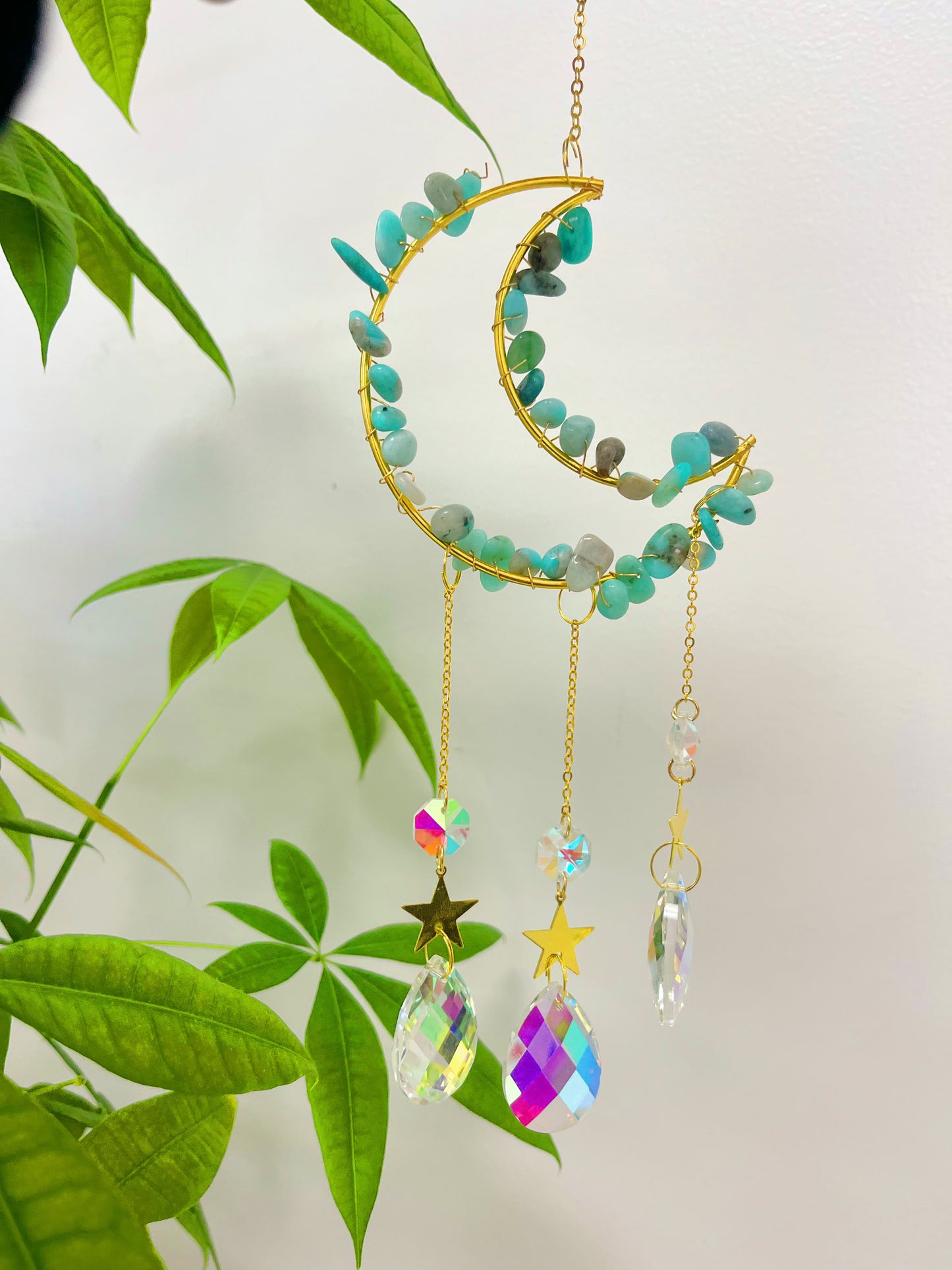 Moon Sun catcher, Crystal Suncatcher, Hanging Prism, Ornaments, Boho, Window Decor, Aurora Gemstone, Rainbow Maker, Christmas Gifts