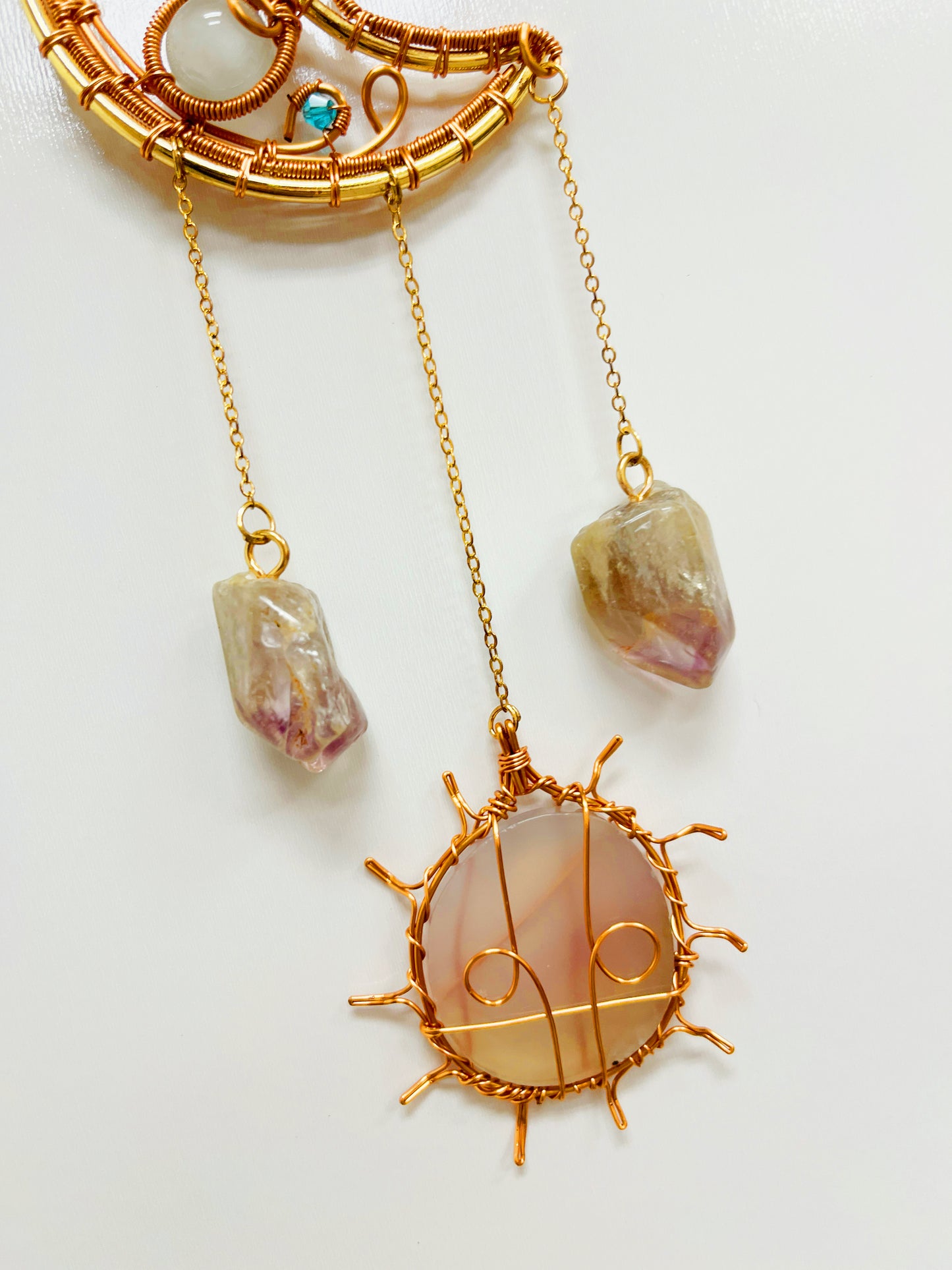 Selenite Amethyst agate Wire wrapped moon shape sun Catcher