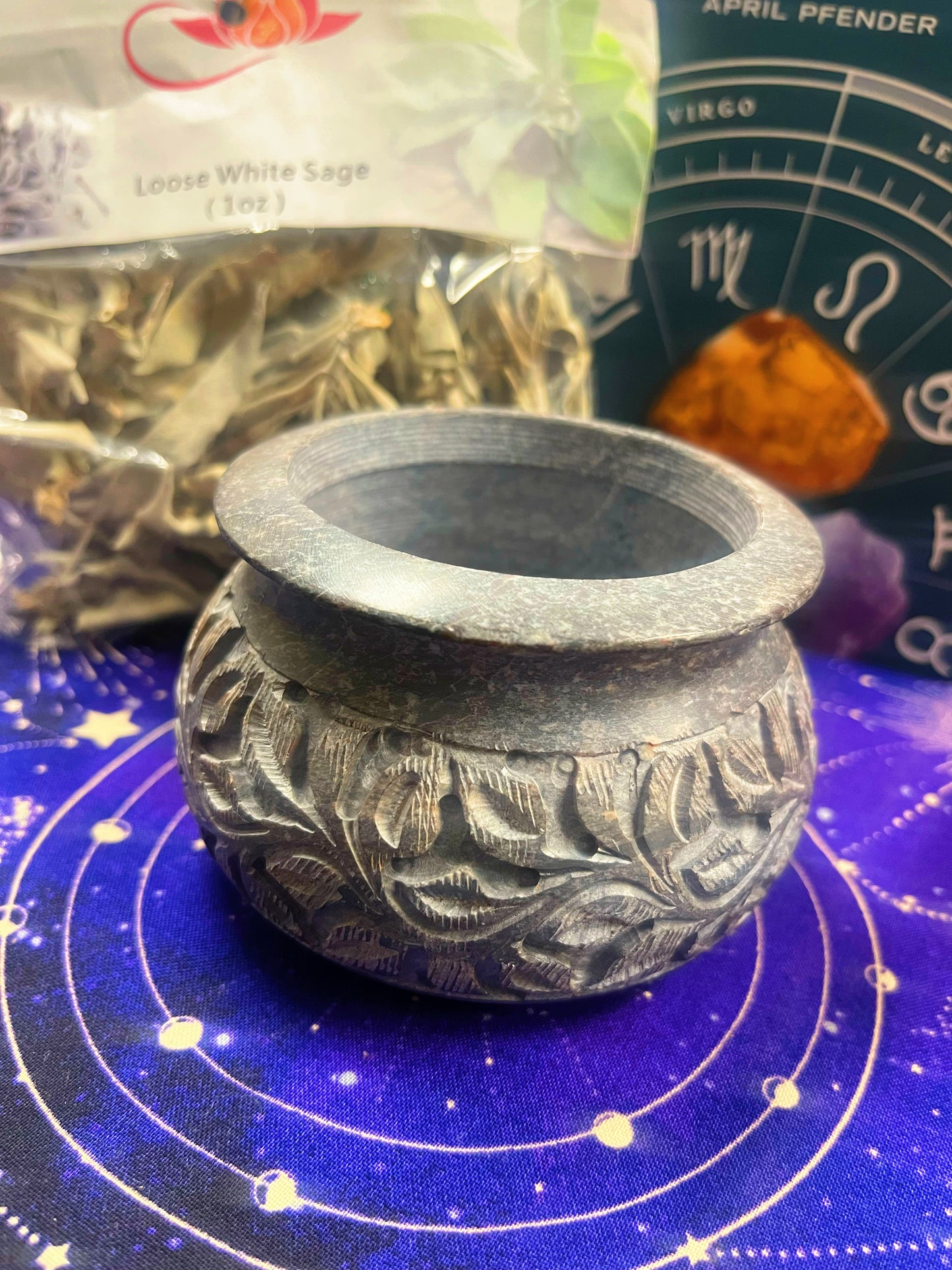 Floral Smudge Pot Soapstone 5” D*2”H