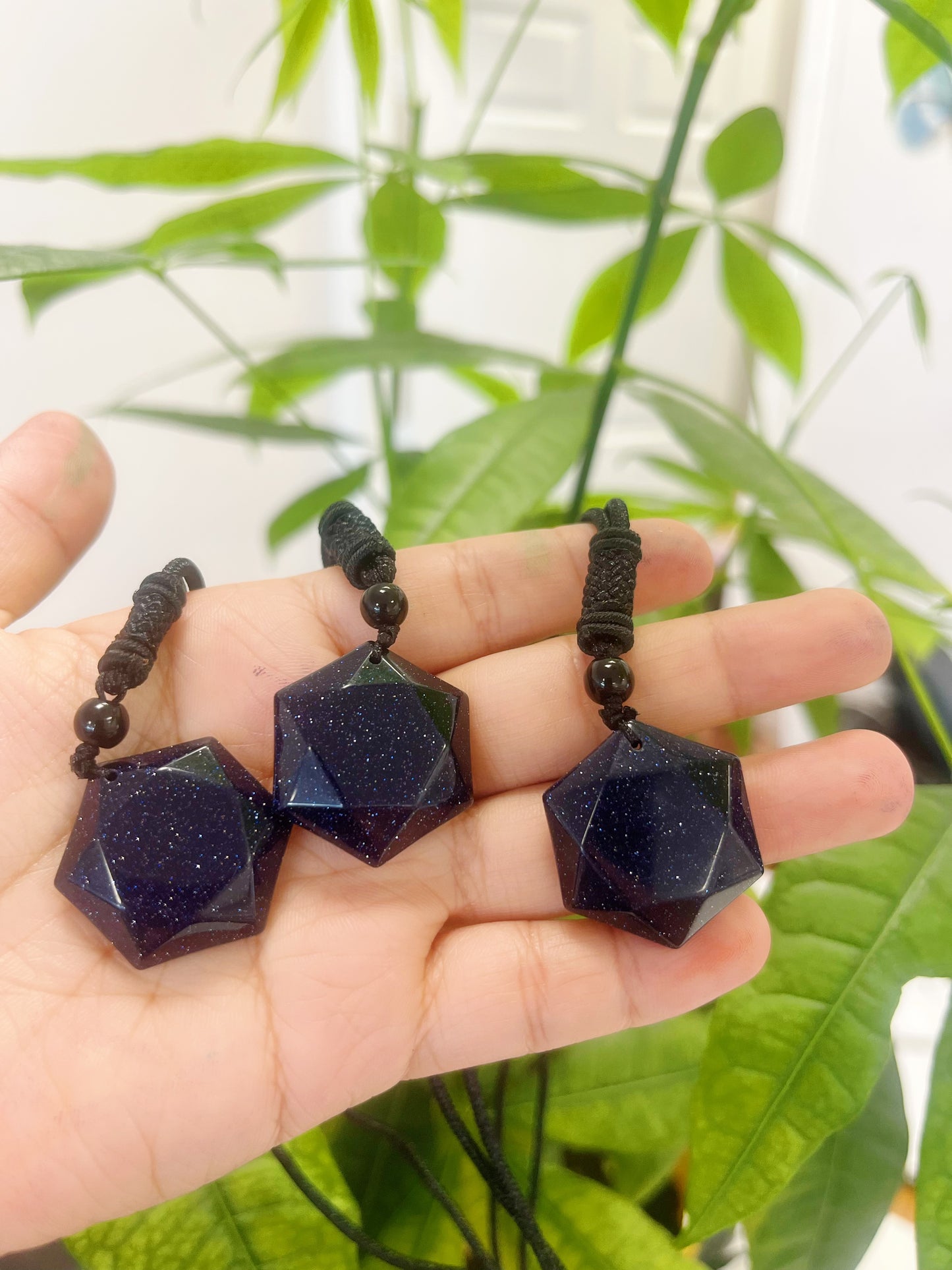 Hexagon Necklace Rose Quartz Blue Goldstone
