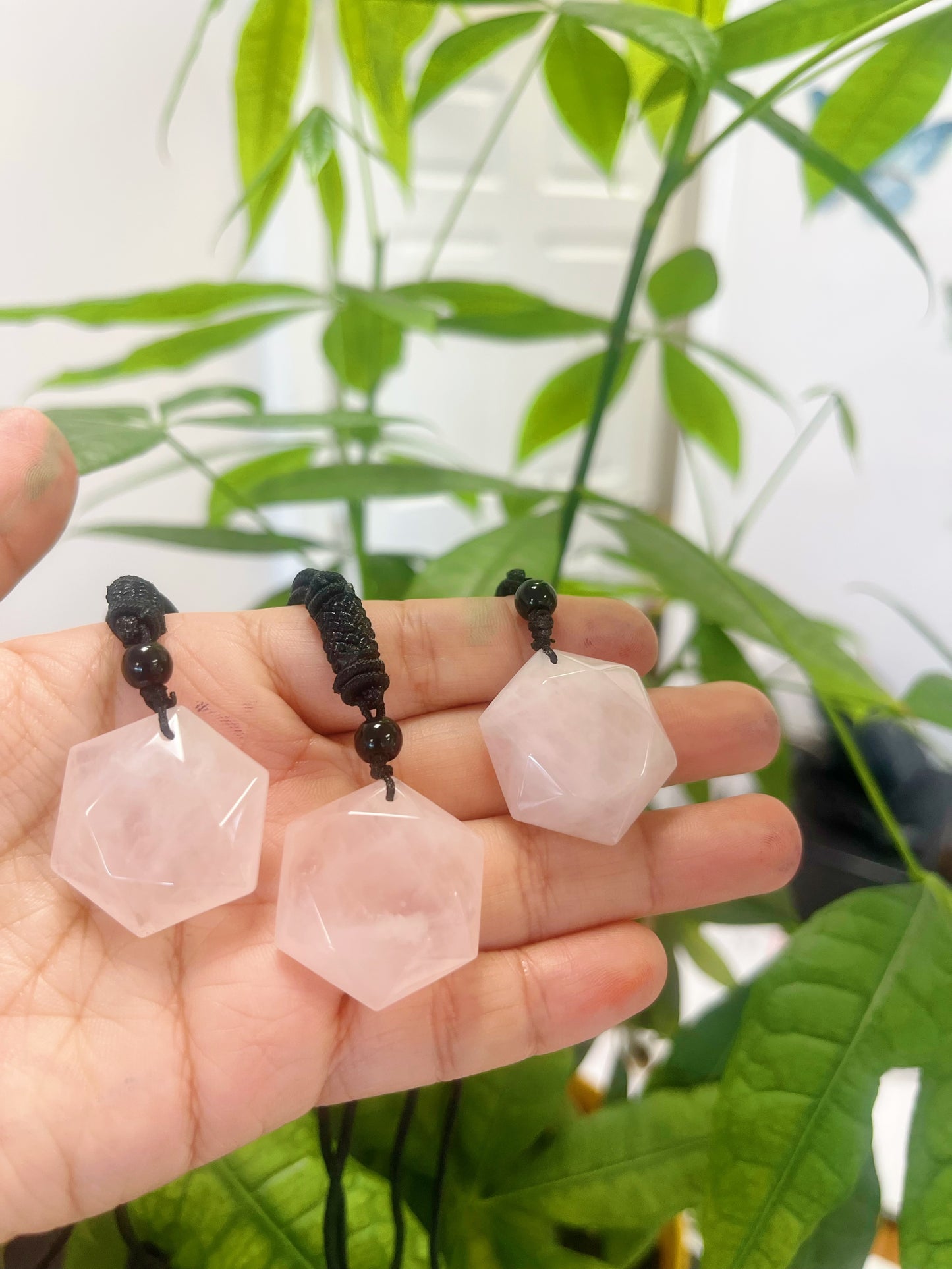 Hexagon Necklace Rose Quartz Blue Goldstone