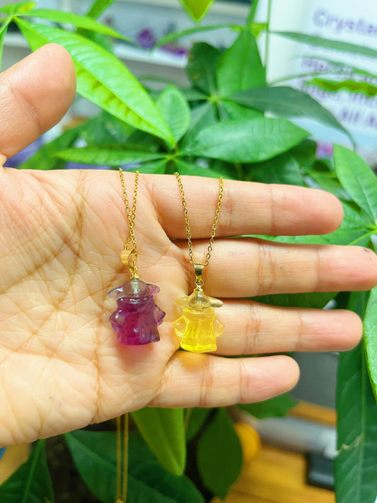 Baby Yoda Rainbow Fluorite Necklace