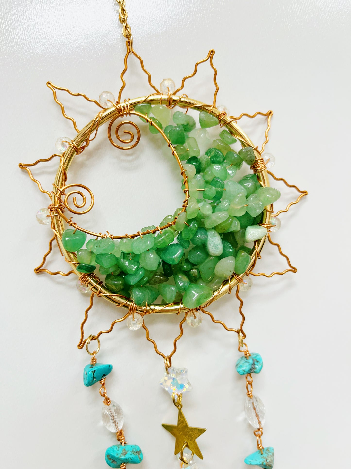 Green Aventurine with blue agate wire wrapped Sun Catcher