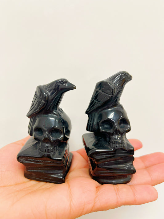 Raven with Skull Black Obsidian