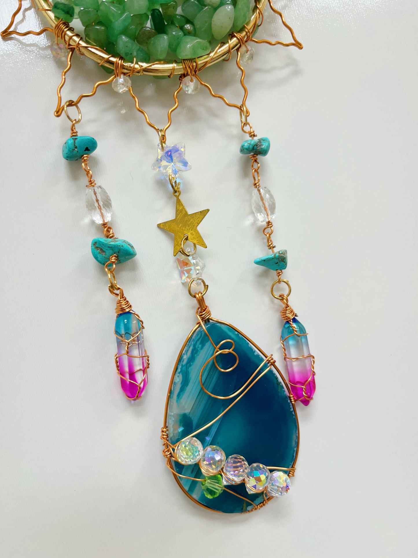 Green Aventurine with blue agate wire wrapped Sun Catcher