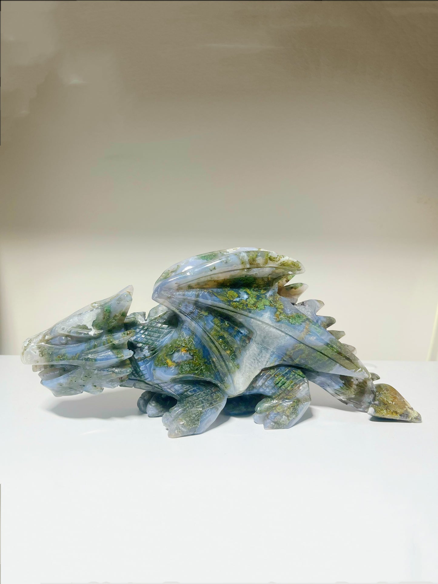 Moss Agate Large Dragon Carving