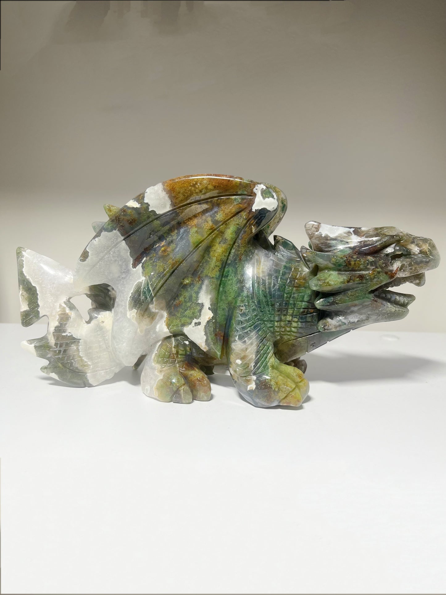 Moss Agate Large Dragon Carving