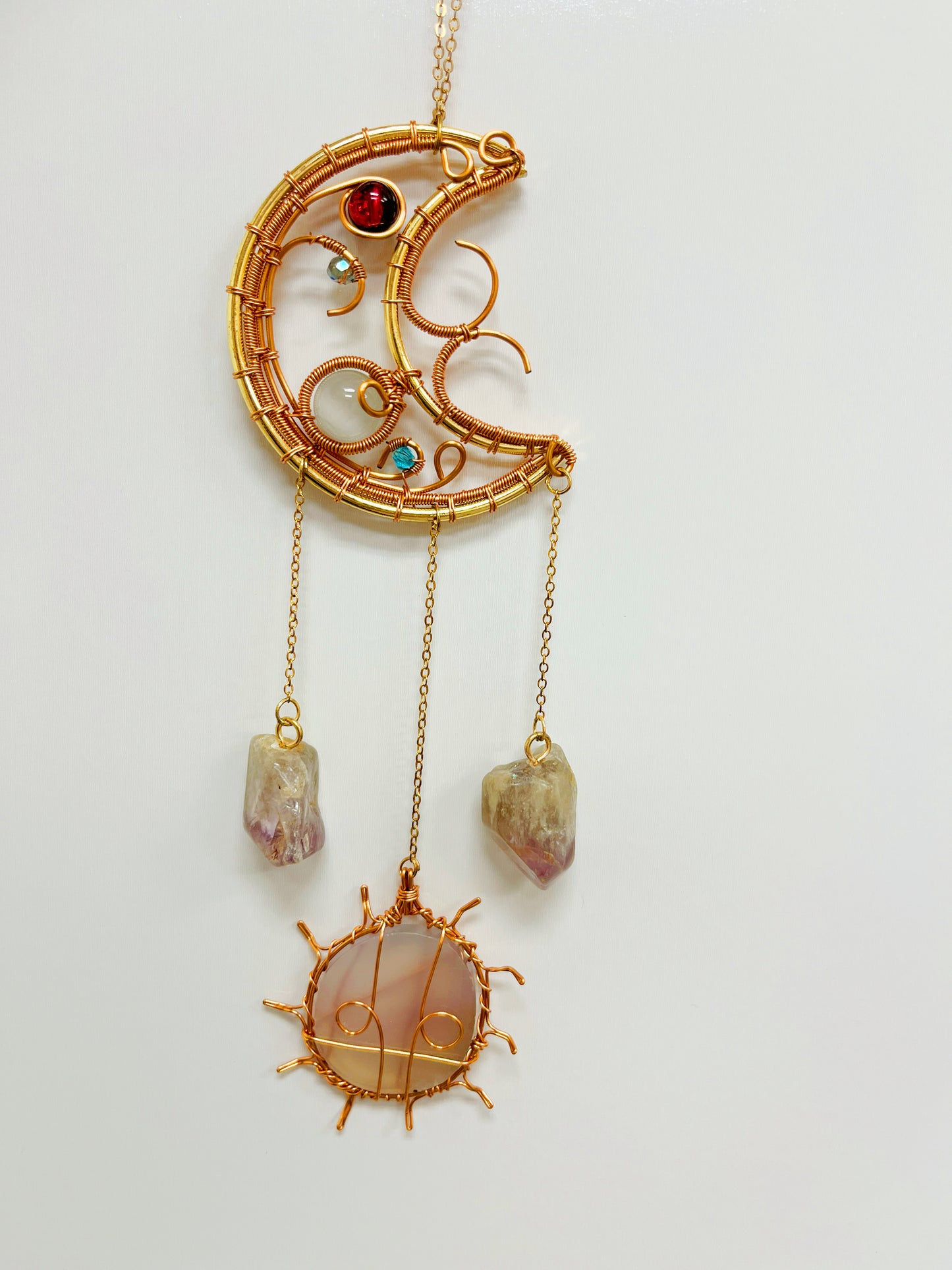 Selenite Amethyst agate Wire wrapped moon shape sun Catcher