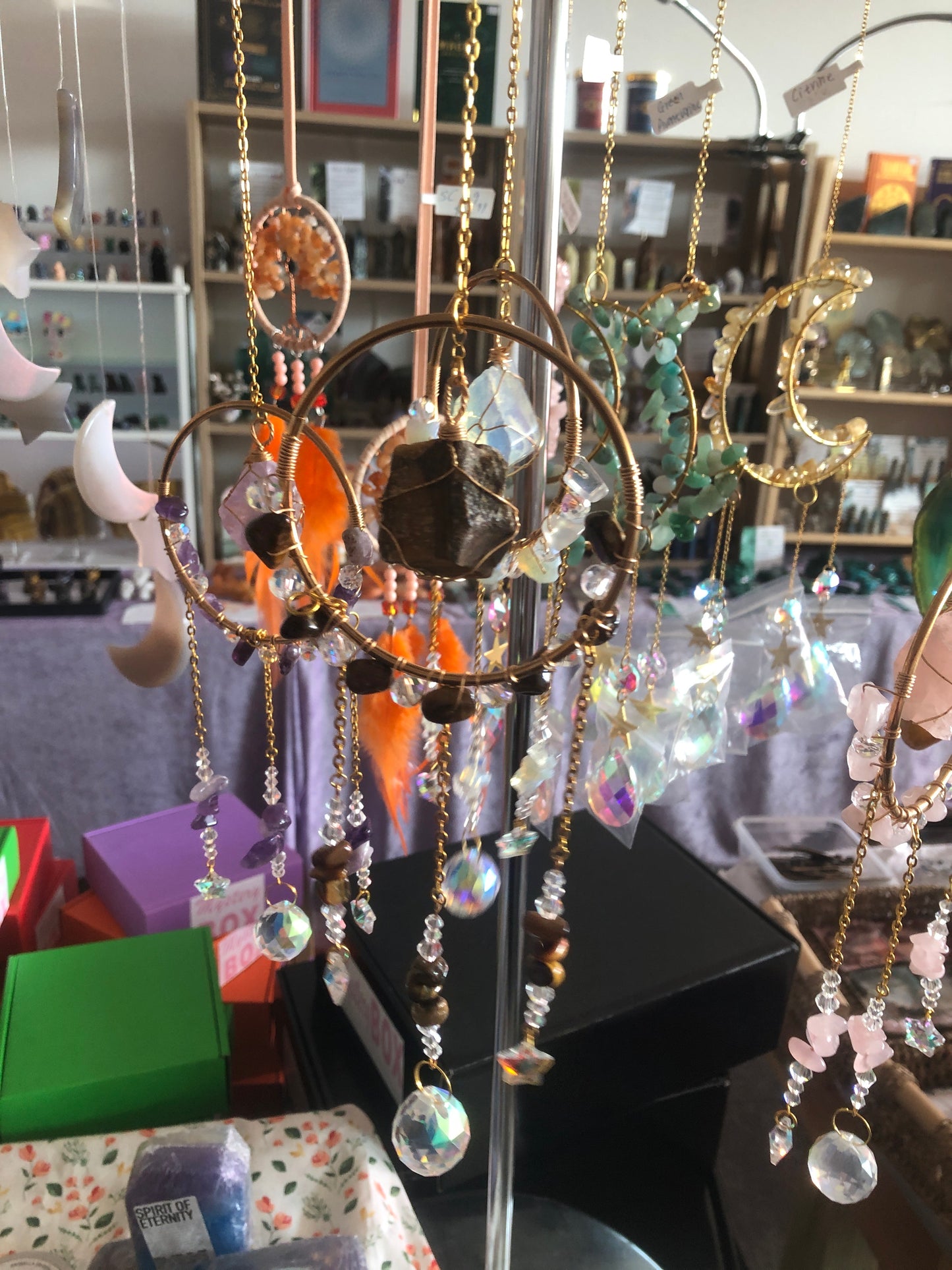 Rough Crystal with Moon and Star Window Hanging