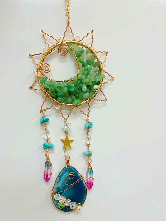 Green Aventurine with blue agate wire wrapped Sun Catcher