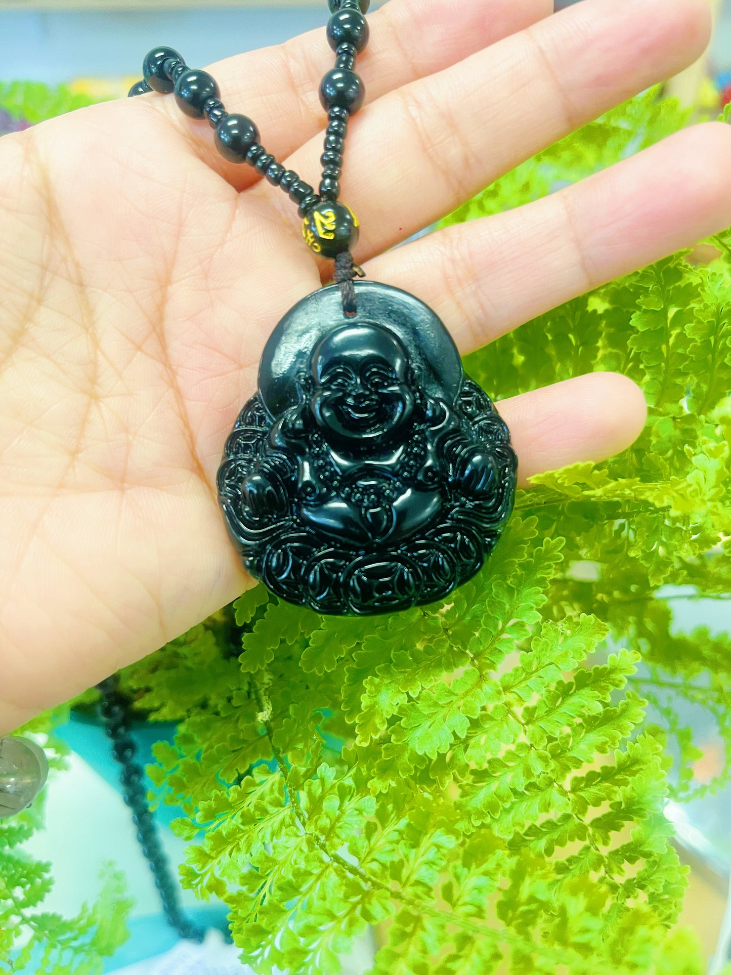 Black Obsidian Hand Carved Buddha Necklace