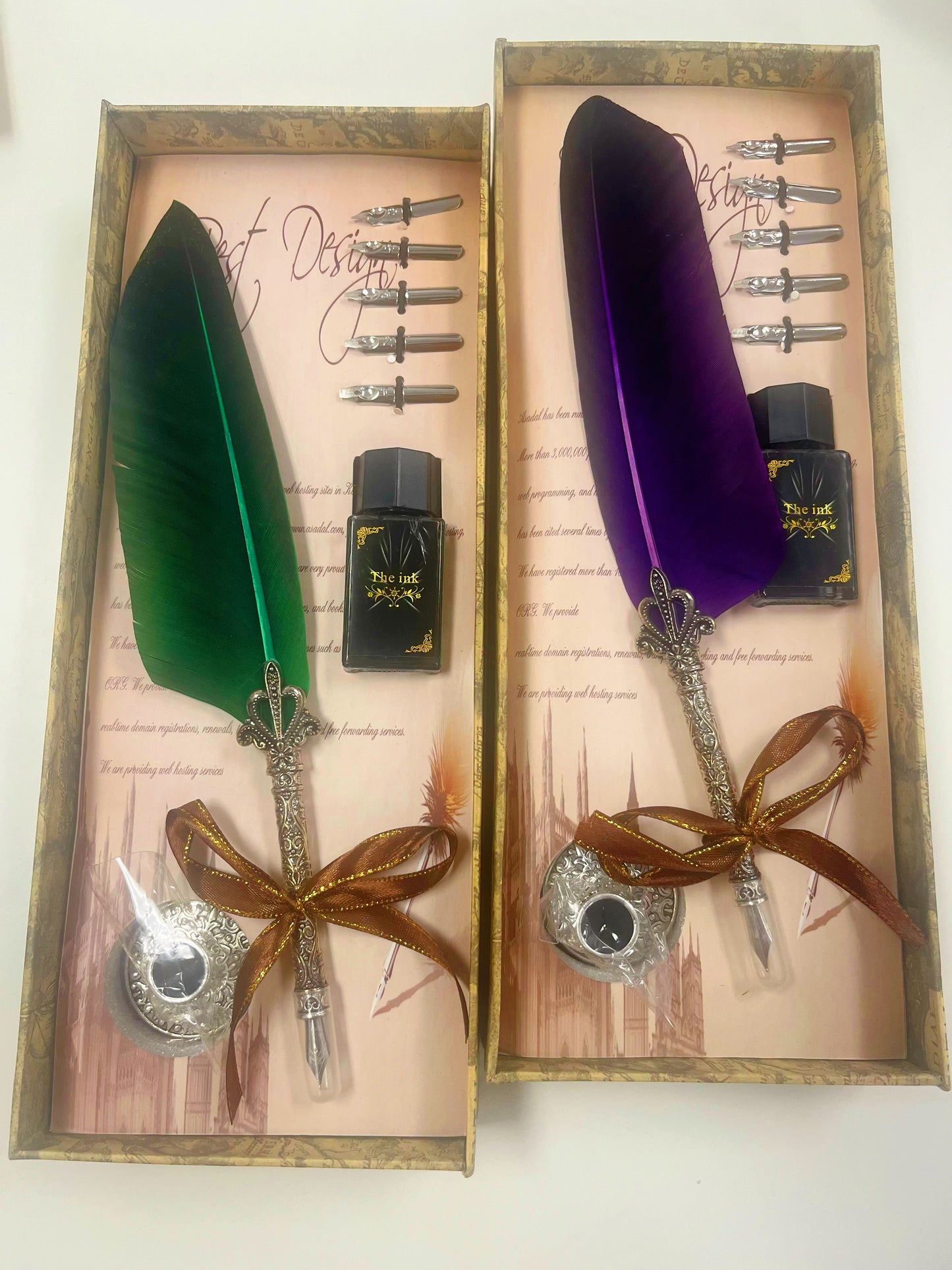 Feather gold Pen with ink Gift Set