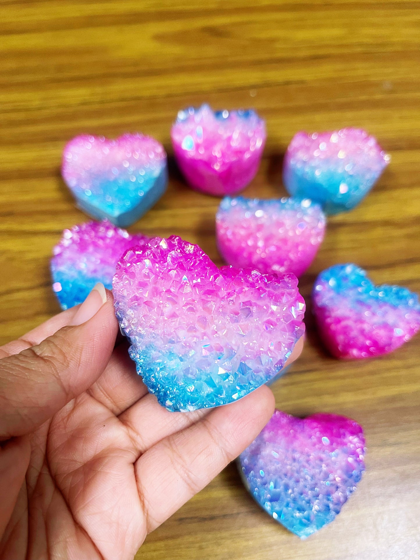 Rainbow Aura Quartz Heart Clusters