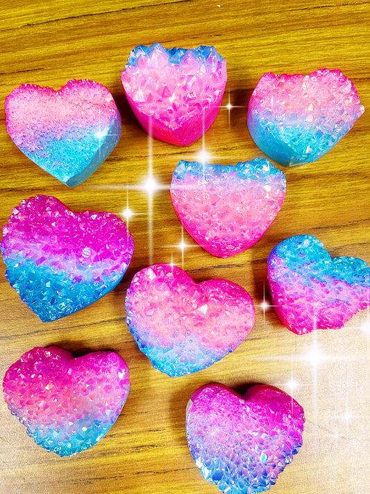 Rainbow Aura Quartz Heart Clusters