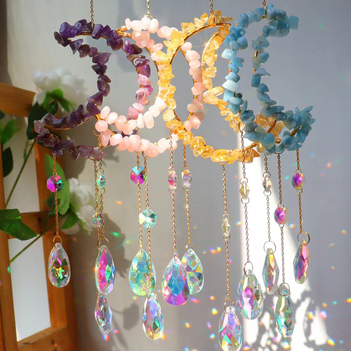 Moon Sun catcher, Crystal Suncatcher, Hanging Prism, Ornaments, Boho, Window Decor, Aurora Gemstone, Rainbow Maker, Christmas Gifts